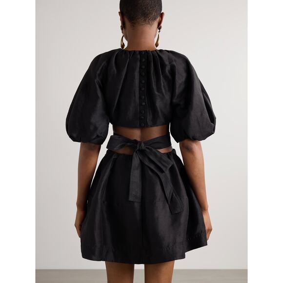 Aje Black Mimosa Cutout Linen-Silk Mini Dress Puff Sleeves Size 6 - Picture 2 of 13